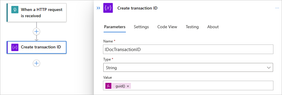 Capture d’écran montrant un workflow Standard avec l’action nommée Créer un ID de transaction.