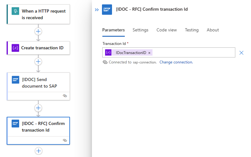 Capture d’écran montrant un workflow Consommation avec l’action nommée Confirmer l’ID de transaction à l’aide d’une variable.