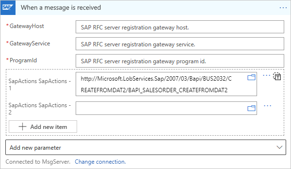 Capture d’écran montrant l’entrée manuelle de l’action SAP pour filtrer les messages dans un workflow Consommation.