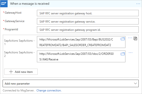 Capture d’écran montrant un exemple de déclencheur qui reçoit plusieurs messages dans un workflow Consommation.