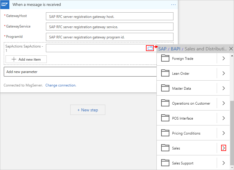 Capture d’écran montrant la sélection d’une action SAP pour filtrer les messages dans un workflow Consommation.