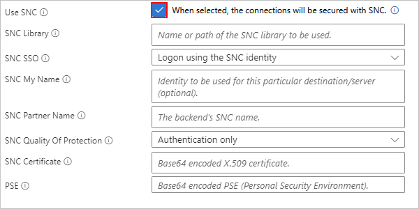 Capture d’écran montrant les paramètres de connexion SAP avec SNC activé pour le flux de travail Consommation.