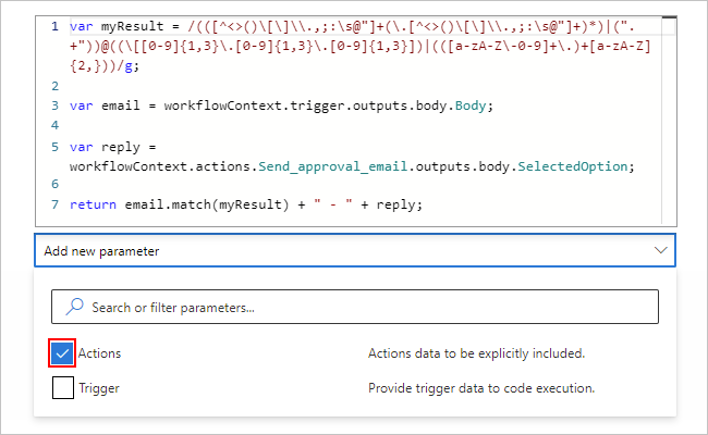 Capture d'écran montrant l'action Exécuter le code JavaScript avec le paramètre Actions sélectionné.