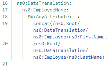 Capture d’écran montrant le mode Code avec une relation de mappage complexe entre les éléments source et cible.