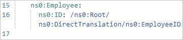 Capture d’écran montrant le mode Code avec un mappage direct entre EmployeeID et ID dans les schémas source et cible, respectivement.