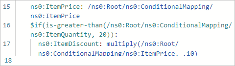 Capture d’écran montrant le mode Code avec le mappage conditionnel entre les éléments sources et cibles utilisant les fonctions Supérieur à, Si et Multiplier.