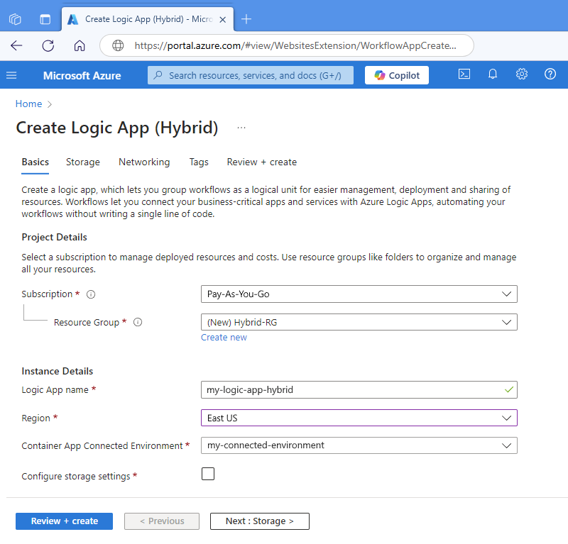 Capture d’écran montrant le portail Azure et la page de création d’application logique.