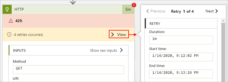 Capture d’écran montrant le workflow Consommation avec l’historique d’exécution, les nouvelles tentatives, les entrées et les sorties d’une action HTTP.