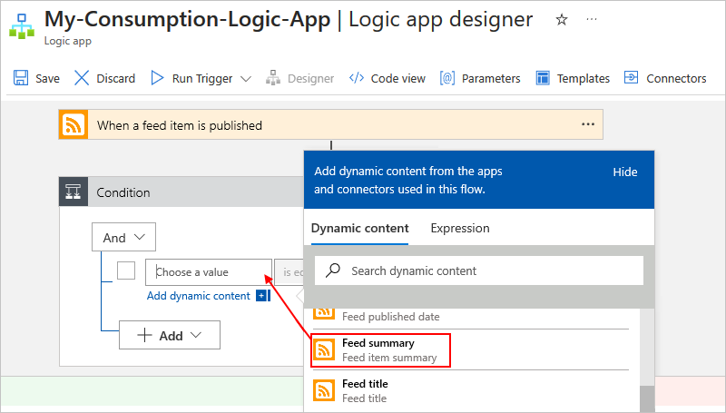 Capture d’écran montrant le portail Microsoft Azure, le concepteur de workflow Consommation, le déclencheur RSS, et l’action Condition avec la construction de critères.