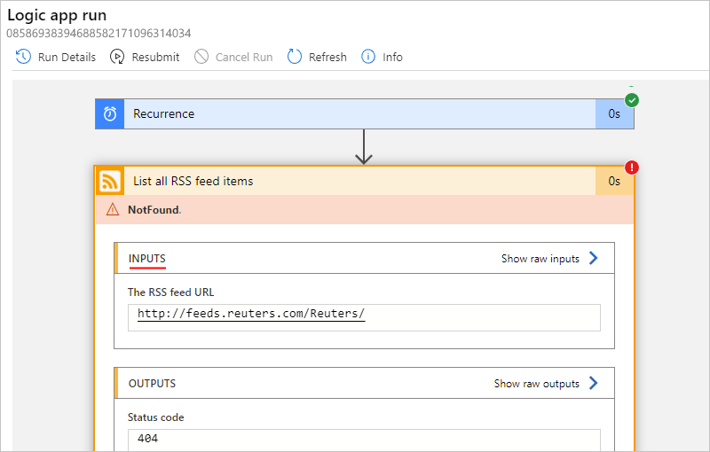 Capture d’écran montrant le workflow d’application logique Consommation avec les détails d’une étape en échec.