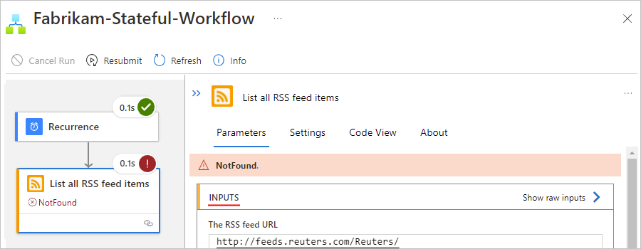 Capture d’écran montrant le workflow d’application logique Standard avec les entrées d’une étape en échec.