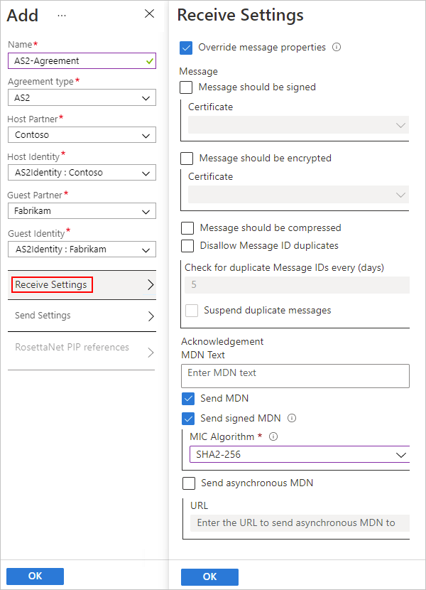 La capture d’écran monte le Portail Azure et les paramètres de l’accord AS2 pour les messages entrants.