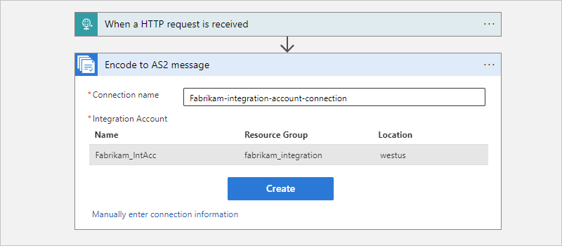 Capture d’écran montrant le workflow Consommation et les informations de connexion « Coder en message AS2 ».