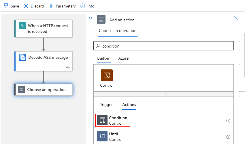 Capture d’écran montrant un concepteur monolocataire avec l’action « Condition » sélectionnée.