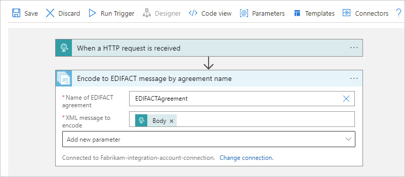 Capture d’écran montrant le flux de travail Consommation, l’action nommée Encodage en message EDIFACT par nom de contrat, et les propriétés d’encodage de message.