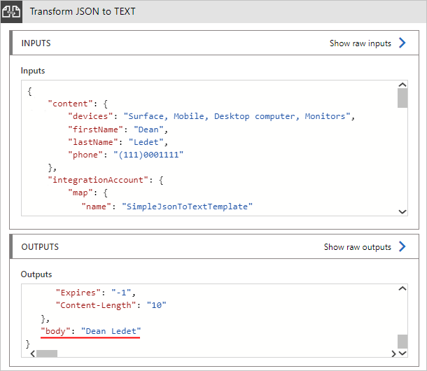 Capture d’écran montrant un exemple de sortie pour une transformation de JSON en texte.