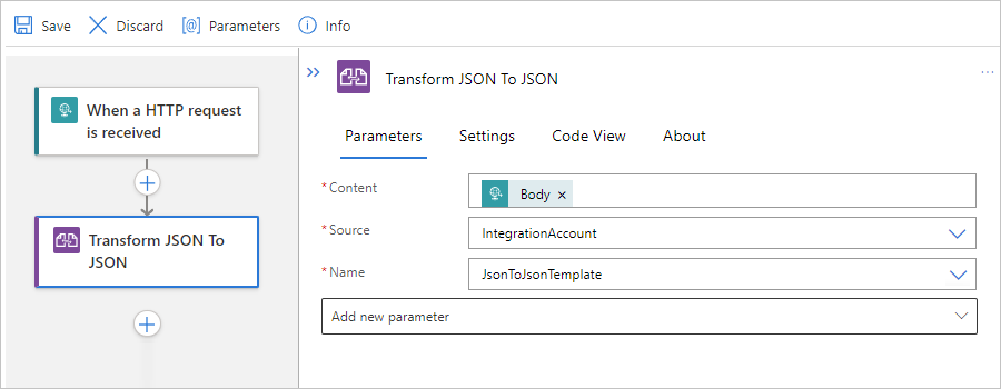 Capture d’écran montrant un flux de travail Standard avec l’action « Transformer JSON en JSON » terminée.