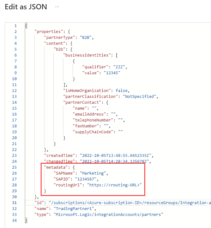 Screenshot of the JSON code that contains information about 'TradingPartner1'. In the 'metadata' object, three key-value pairs are highlighted.