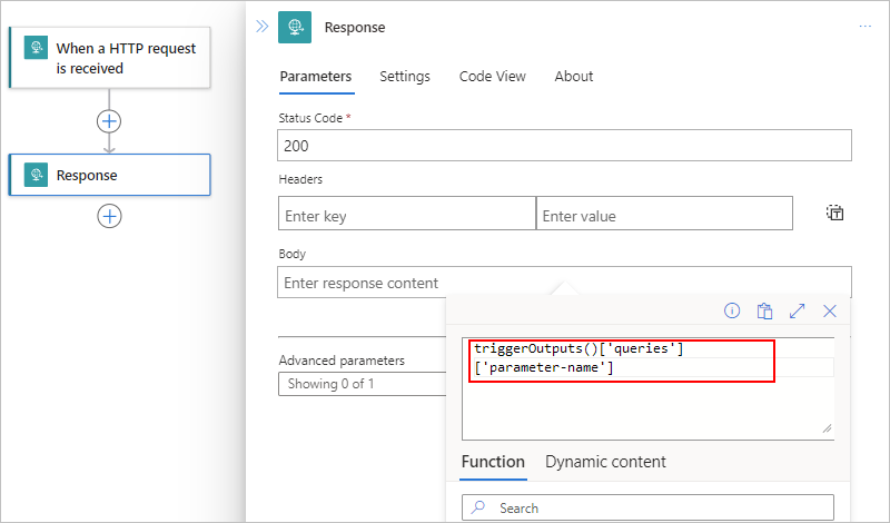 Capture d’écran montrant le flux de travail standard, l’action de réponse et l’expression triggerOutputs().