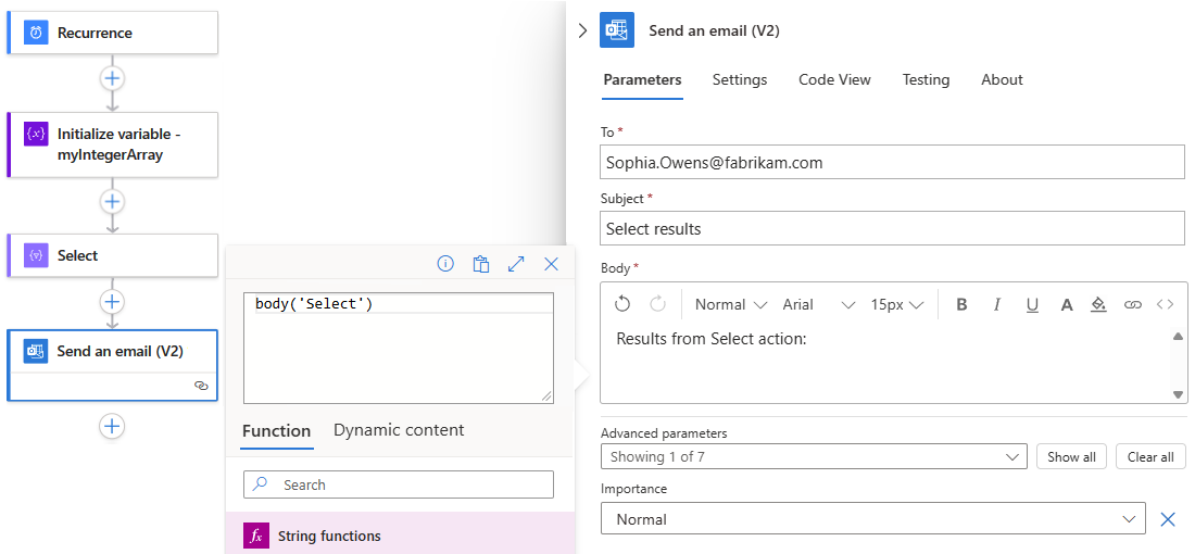 Capture d’écran montrant le flux de travail avec l’action Envoyer un e-mail et les sorties d’action à partir de l’action Sélectionner.