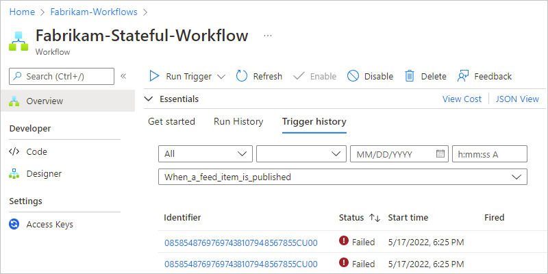 Capture d’écran montrant la page Vue d’ensemble d’un workflow Standard et plusieurs tentatives de déclencheur pour différents éléments.