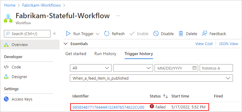 Capture d’écran montrant une entrée de déclencheur de workflow Standard sélectionnée.