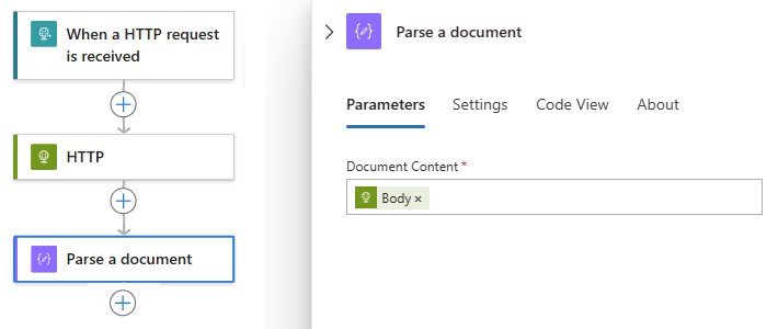 Capture d’écran montrant l’exemple de workflow avec la sortie Corps dans l’action nommée Analyser un document.