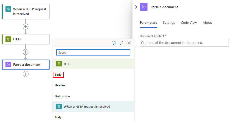 La capture d'écran montre un concepteur de flux de travail, qui comporte une action nommée Analyser un document, avec une liste de contenu dynamique ouverte et la sortie Corps de l'action HTTP sélectionnée.