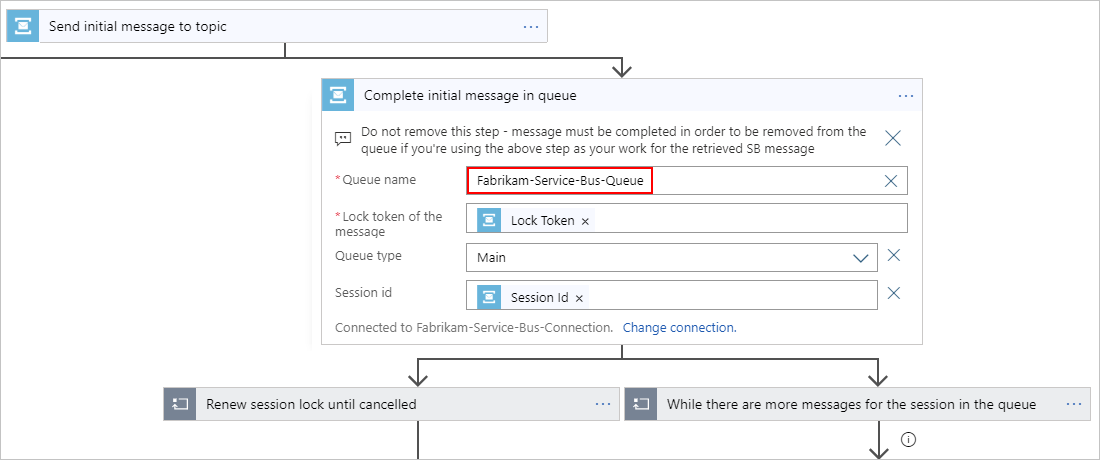 Détails de l’action Service Bus « Finaliser le message initial dans la file d’attente »