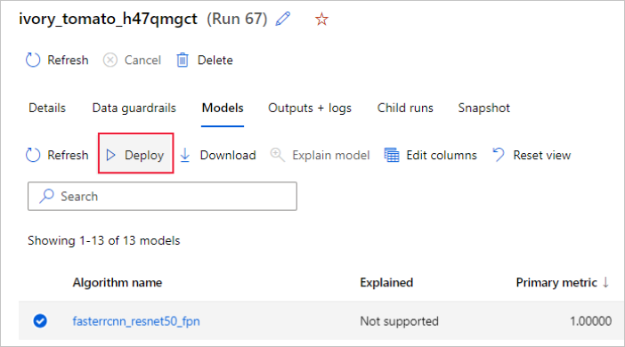 Sélectionner un modèle parmi les exécutions automl dans l’interface utilisateur du studio 