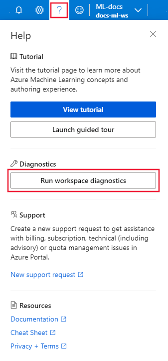 Capture d’écran du bouton Diagnostics de l’espace de travail.