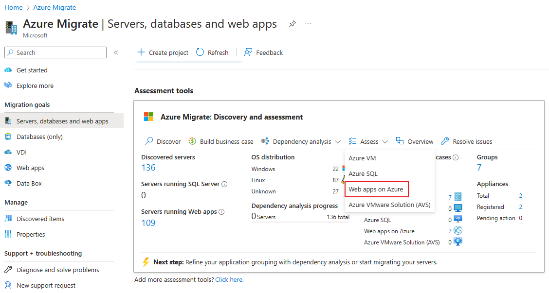 Capture d’écran de la liste déroulante pour choisir le type d’évaluation comme Web Apps sur Azure.