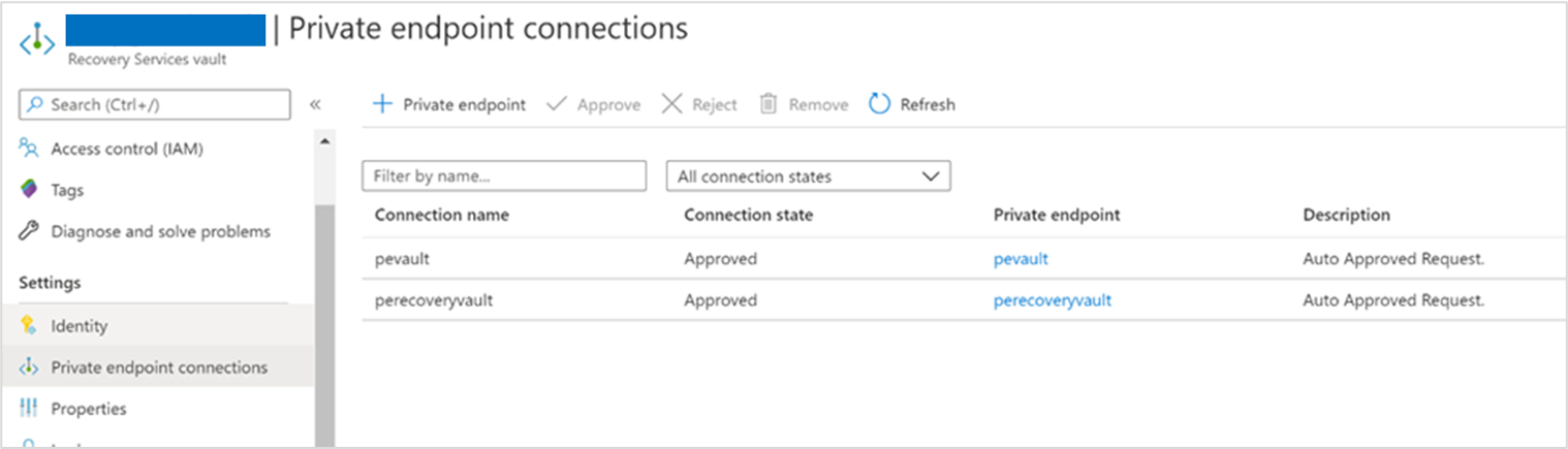 Capture d’écran de vue des connexions de point de terminaison privé.