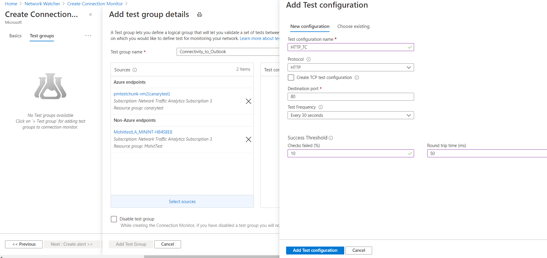 Capture d’écran montrant où définir une configuration de test dans Moniteur de connexion.