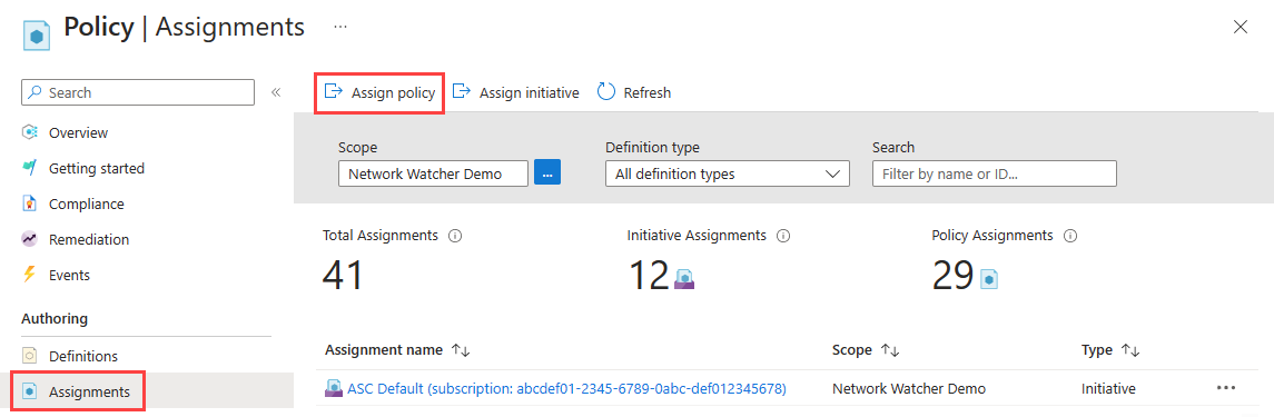 Capture d’écran de la sélection du bouton pour affecter une stratégie dans le Portail Azure.