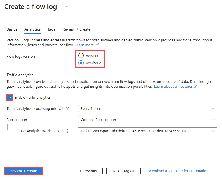 Capture d’écran montrant comment activer l’analytique du trafic d’un nouveau journal de flux dans le portail Azure.