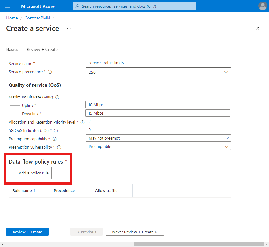 Capture d’écran du portail Azure montrant l’écran Créer un service avec une configuration de limitation du trafic, et le bouton Ajouter une règle de stratégie mis en évidence.