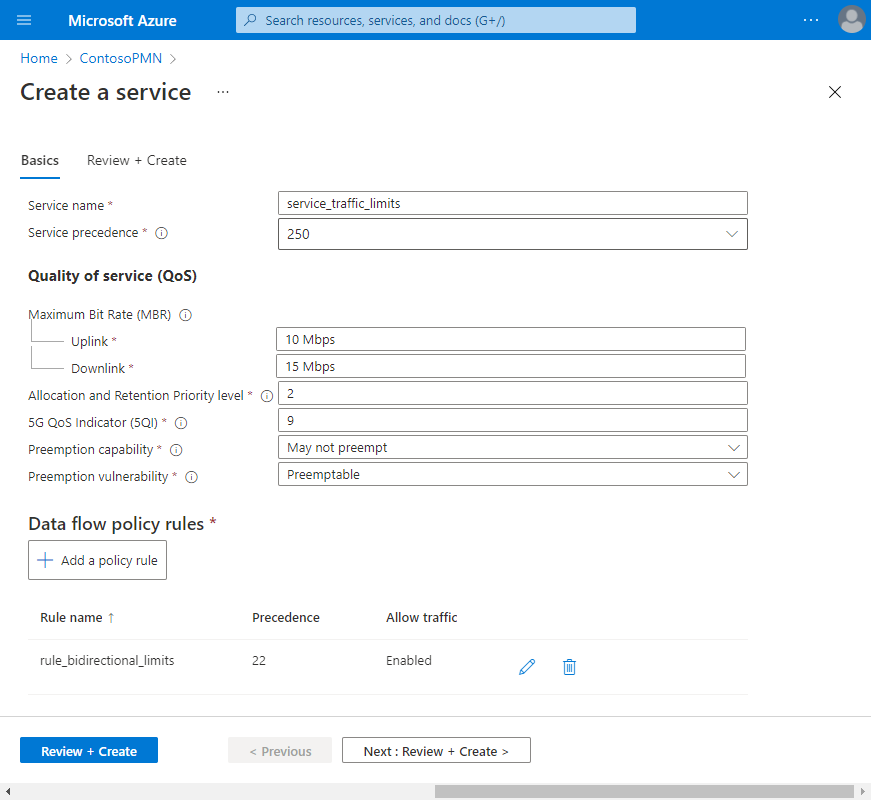 Capture d’écran du portail Azure montrant des champs renseignés pour un service destiné à limiter le trafic, incluant des règles de stratégie de flux de données.