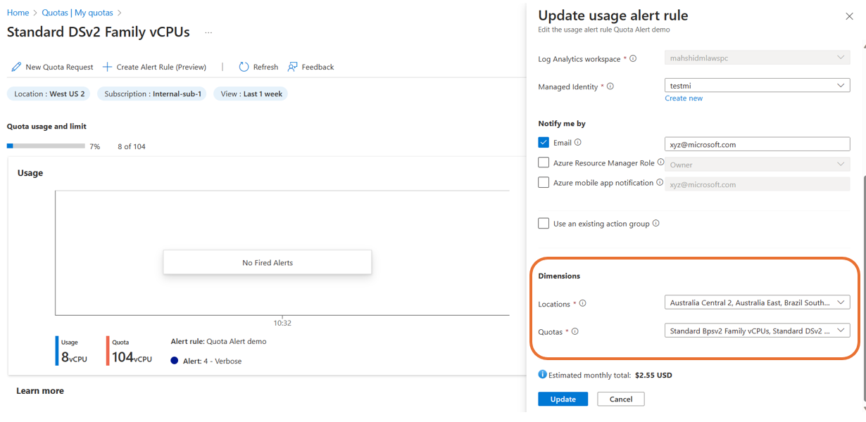 Capture d’écran montrant comment ajouter des dimensions lors de la modification d’une règle de quota dans le portail Azure.