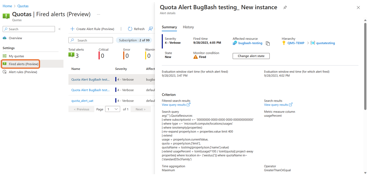 Capture d’écran montrant l’écran Alerte déclenchée dans le portail Azure.