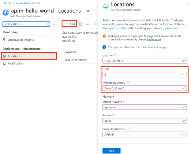 Capture d’écran montrant les sélections permettant d’ajouter un nouvel emplacement pour une instance de gestion des API avec ou sans réseau virtuel.