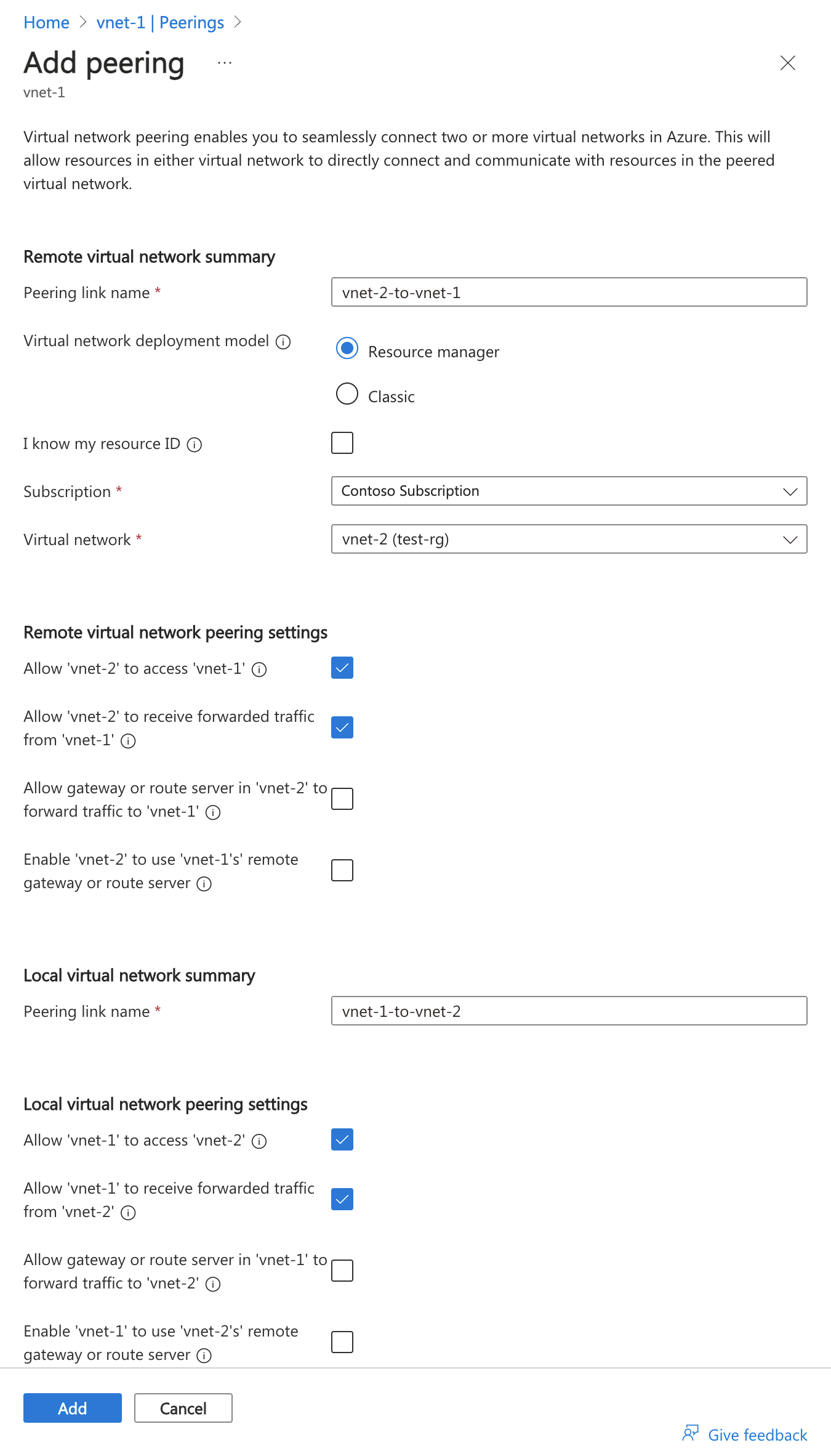 Capture d’écran montrant l’ajout de peering dans le portail Azure.