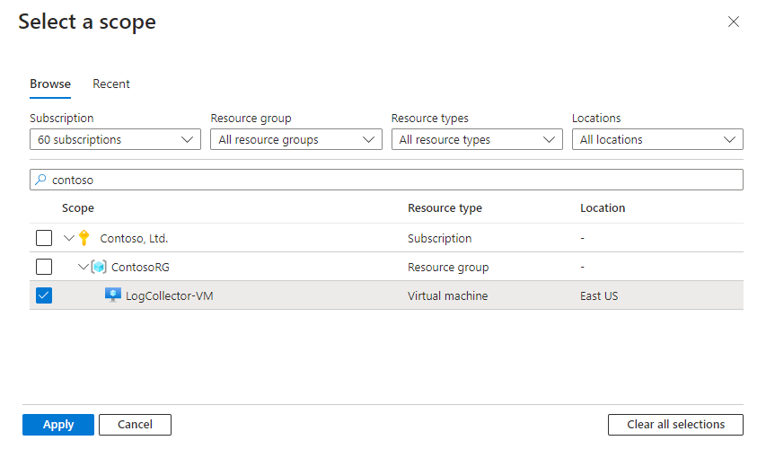 Capture d’écran de la sélection de ressources pour le connecteur DNS Windows via AMA.