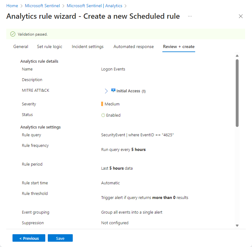 Capture d’écran de la vue de validation de l’assistant Règle d’analytique dans le portail Azure.