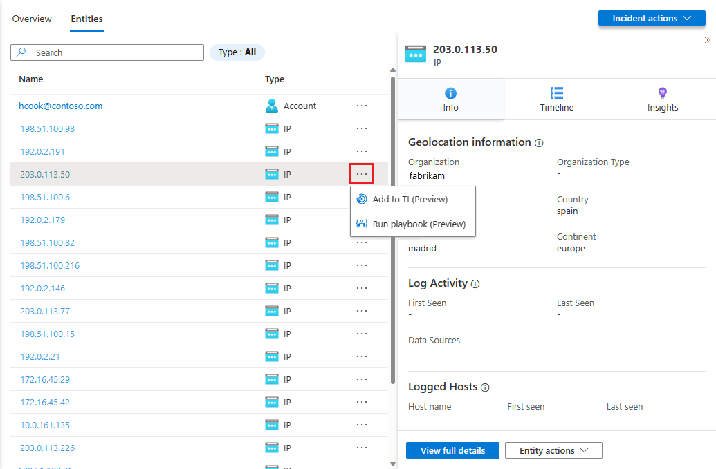 Capture d’écran de l’onglet des entités dans la page des détails d’incident.