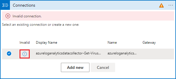 Capture d’écran de la configuration de la connexion Log Analytics non valide.