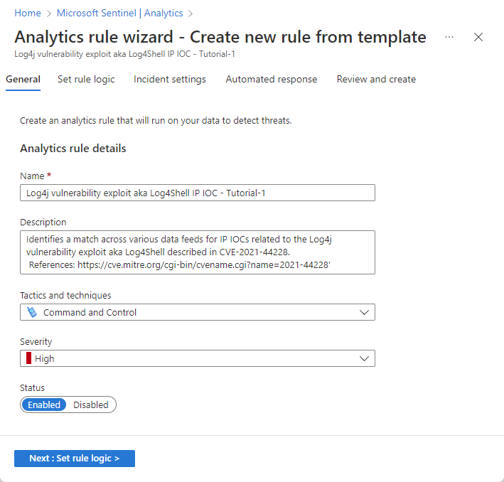 Capture d’écran de l’onglet Général de l’Assistant Règle Analytics.