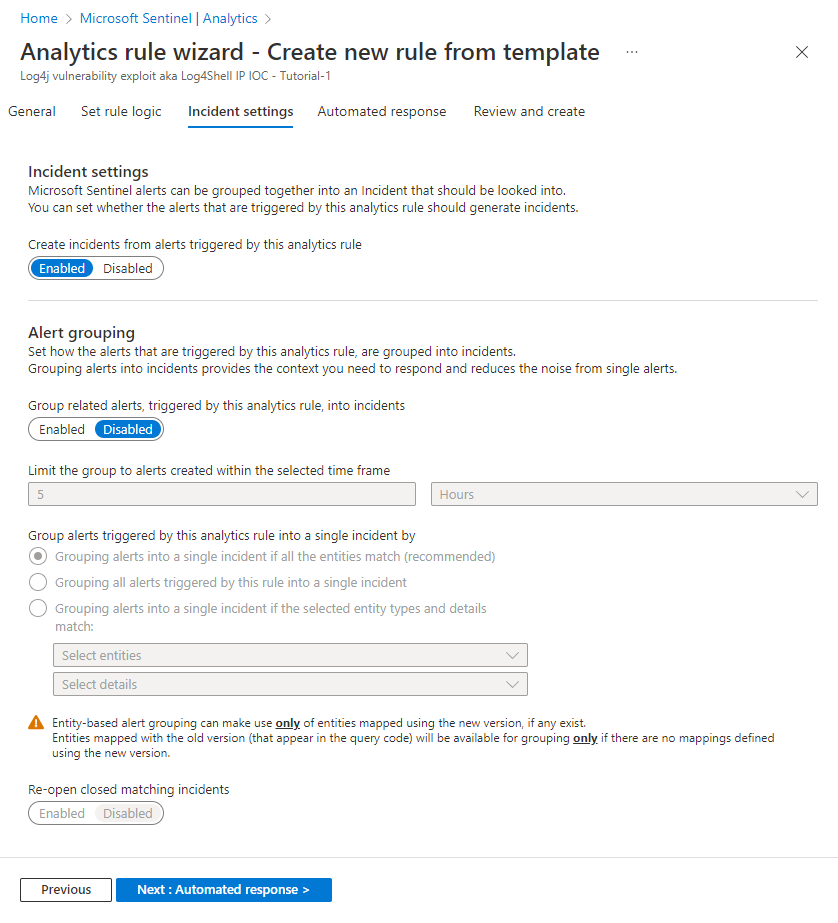 Capture d’écran de l’onglet Paramètres d’incident de l’Assistant Règle Analytics.