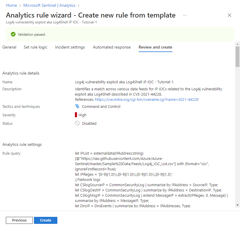 Capture d’écran de l’onglet Vérifier et créer de l’Assistant Règle Analytics.