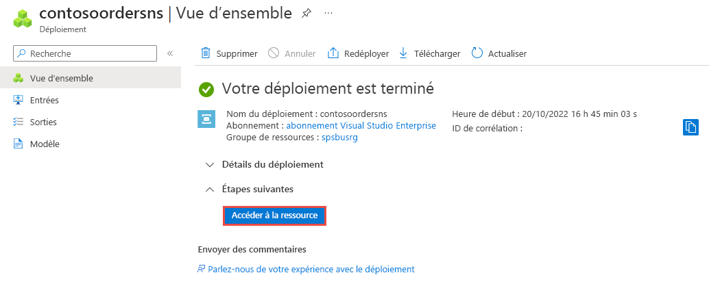 Image représentant la page du déploiement réussi avec le lien Atteindre la ressource.